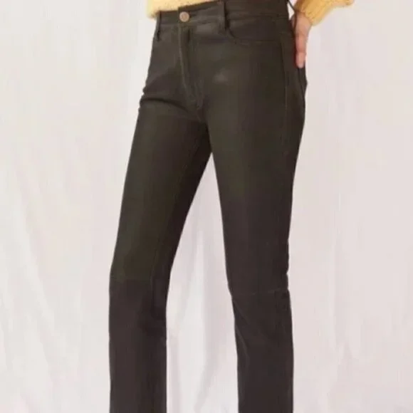 NWT Anthropologie Green Black High Rise Straight Leg Lamb Leather Pants Size 25